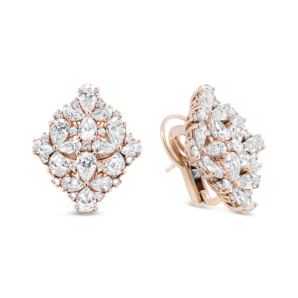 18K Rose Gold 8 1/3 Carat Pear and Round Diamond Floral Cluster Omega Earrings - Picture 3 of 7